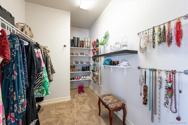 walk in closet with light colored carpet