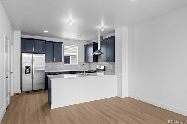 2740 W 68th Ave, Denver, CO 80221 - kitchen featuring appliances with stainless steel finishes, backsplash, light countertops, light wood-style floors, and a peninsula