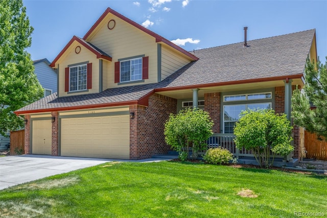 5168 Rocky Mountain Dr, Castle Rock, CO 80109 - view of front of property featuring brick siding, a front lawn, roof with shingles, and a garage