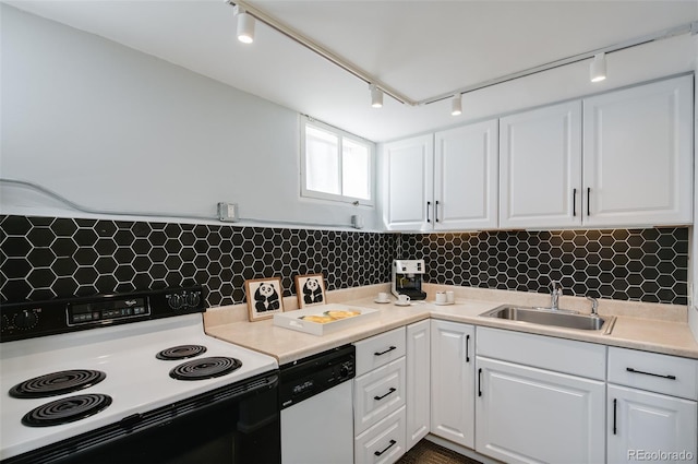 kitchen featuring range with electric stovetop, dishwasher, a sink, track lighting, and white cabinetry