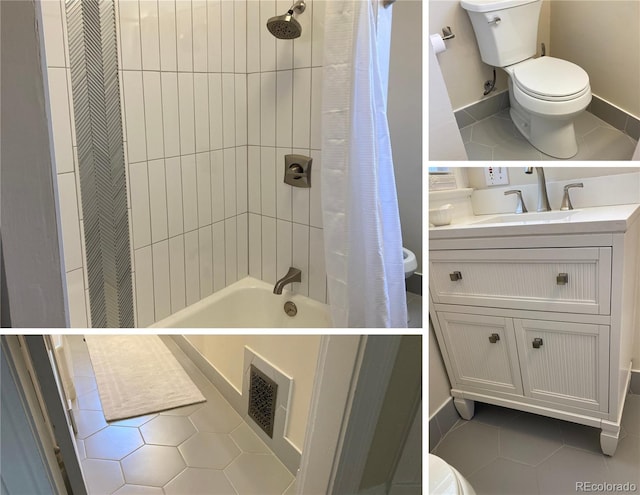 full bathroom featuring toilet, tile patterned flooring, tiled shower / bath combo, vanity, and baseboards