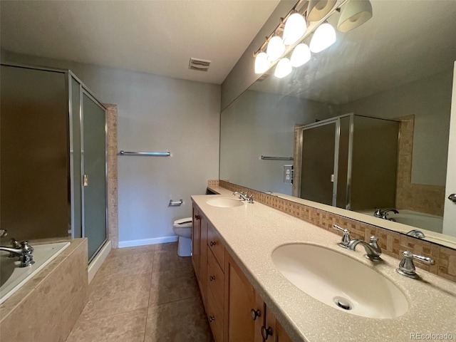 full bathroom featuring tile patterned floors, vanity, toilet, and plus walk in shower