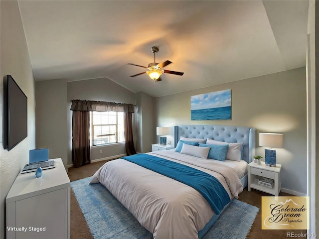 bedroom featuring vaulted ceiling and ceiling fan