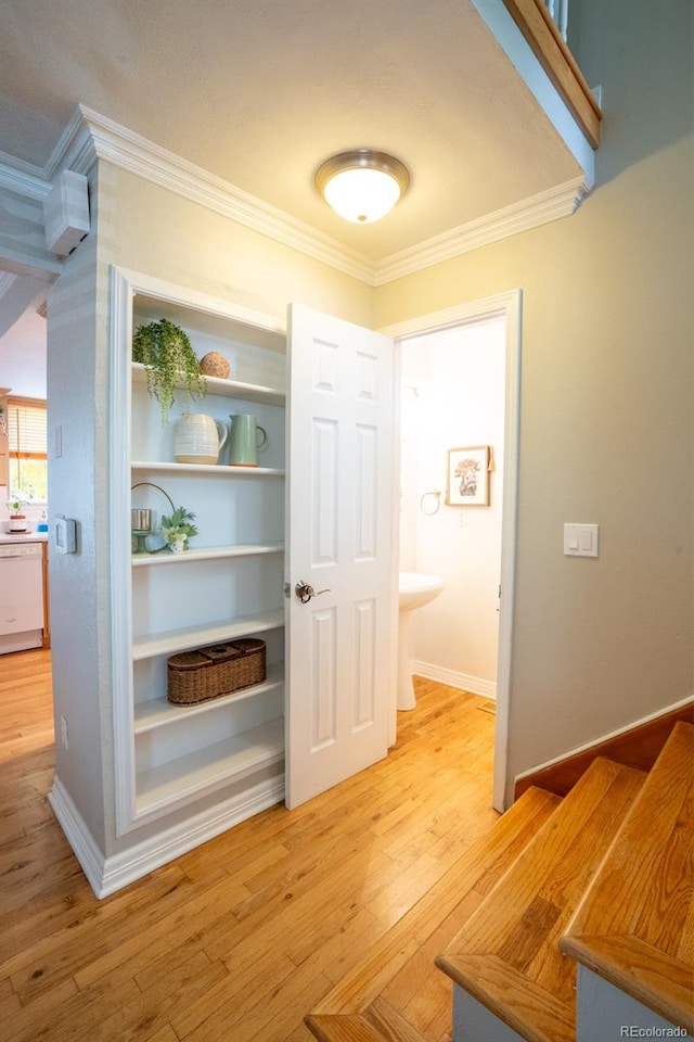 hallway with crown molding and light hardwood / wood-style flooring