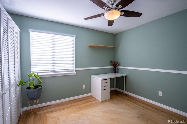 unfurnished office featuring ceiling fan and light hardwood / wood-style flooring