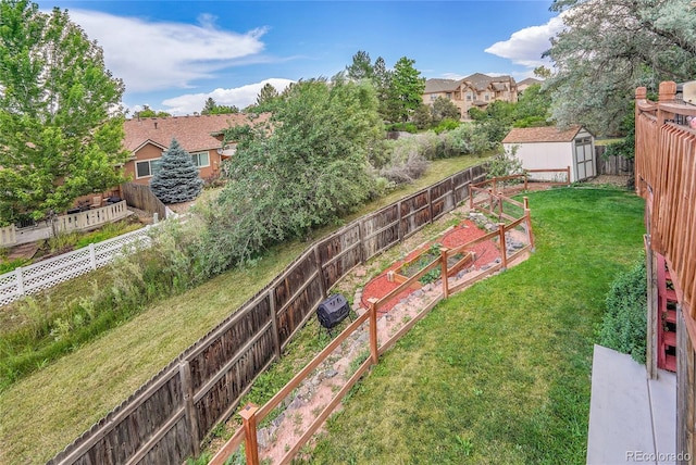 11149 Seton Pl, Westminster, CO 80031 - fenced backyard with a vegetable garden and a storage unit