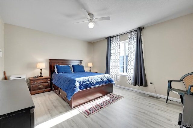 bedroom featuring ceiling fan and light hardwood / wood-style flooring