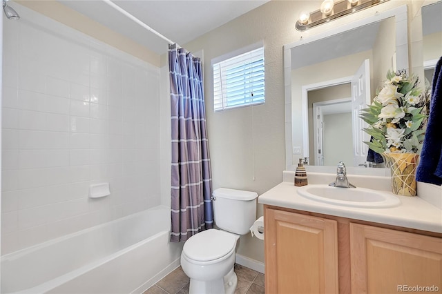 full bathroom featuring tile patterned floors, vanity, shower / bath combination with curtain, and toilet