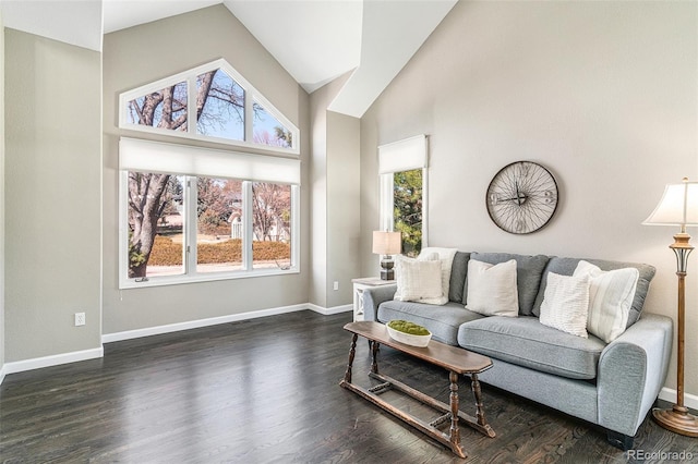 living room with dark wood finished floors, baseboards, and high vaulted ceiling