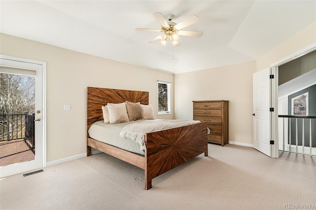 bedroom with visible vents, light colored carpet, baseboards, and access to outside