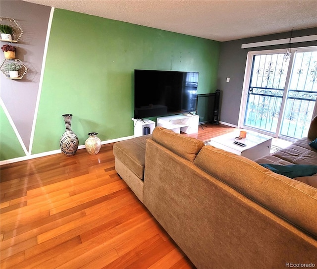 living room featuring hardwood / wood-style floors and a textured ceiling