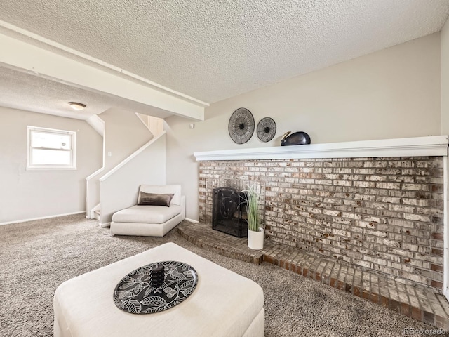 11062 Hudson Ct, Thornton, CO 80233 - carpeted living room with a textured ceiling and a brick fireplace