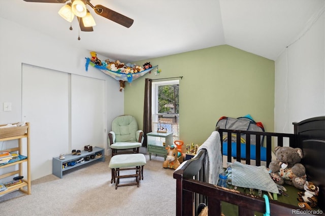 330 2nd St, Kersey, CO 80644 - bedroom with vaulted ceiling, carpet flooring, a closet, and ceiling fan