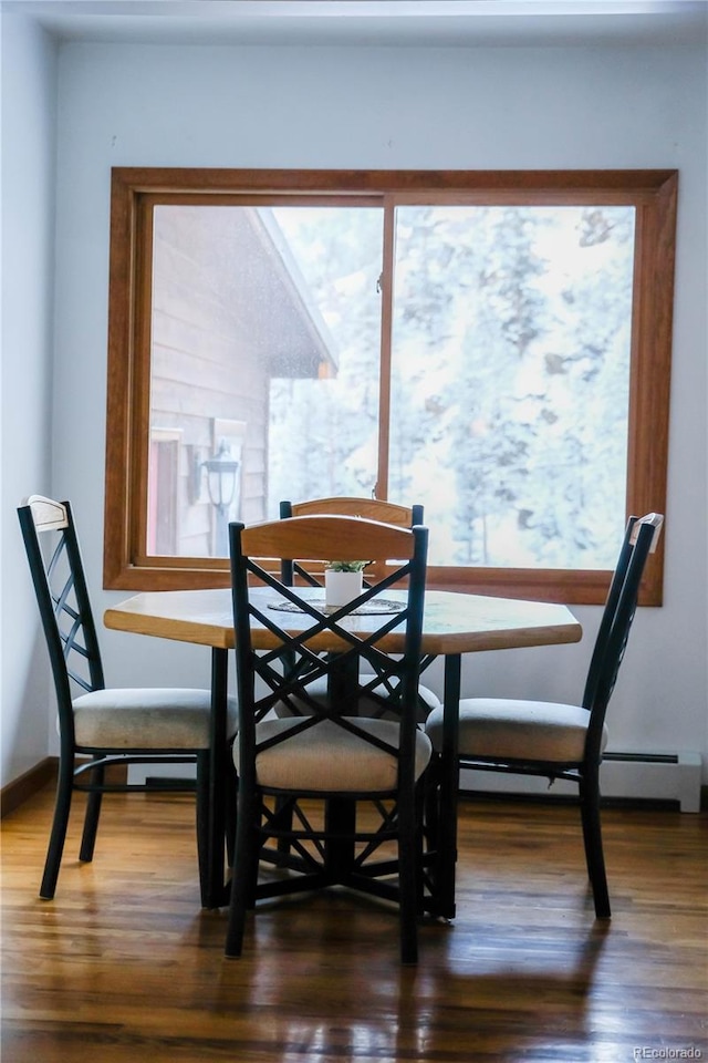 dining room with wood finished floors, a wealth of natural light, and a baseboard radiator