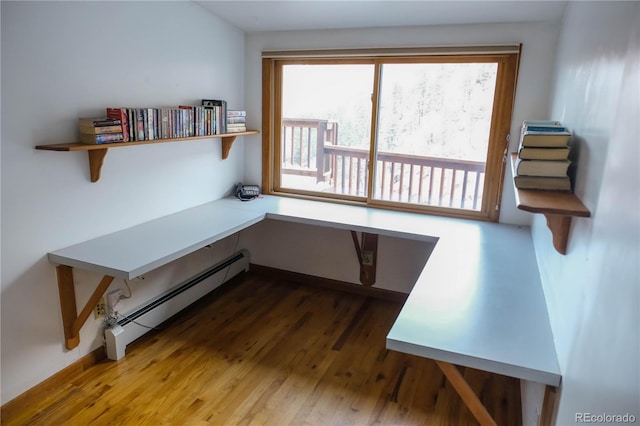 home office featuring wood finished floors, built in study area, and a baseboard radiator