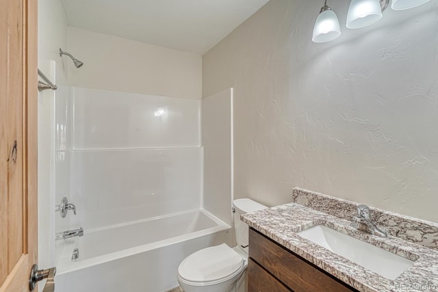 880 Hoover Cir, Poncha Springs, CO 81242 - bathroom with a textured wall, toilet, vanity, and shower / washtub combination