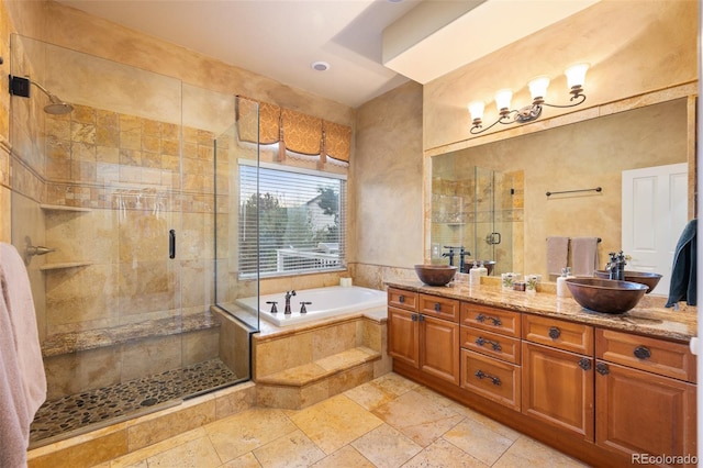 7284 Timbercrest Ln, Castle Pines, CO 80108 - bathroom featuring double vanity, a garden tub, a stall shower, and stone tile floors