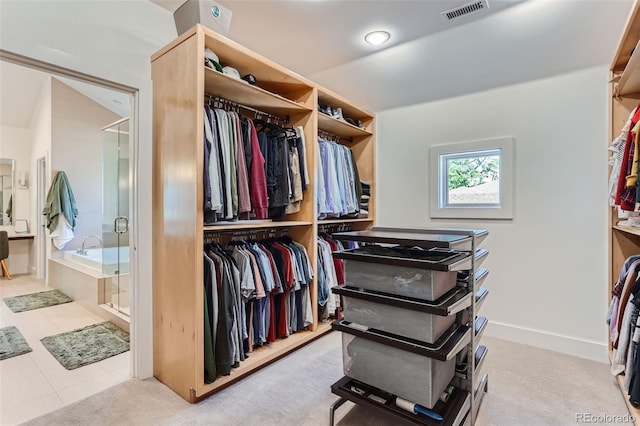 walk in closet with light carpet