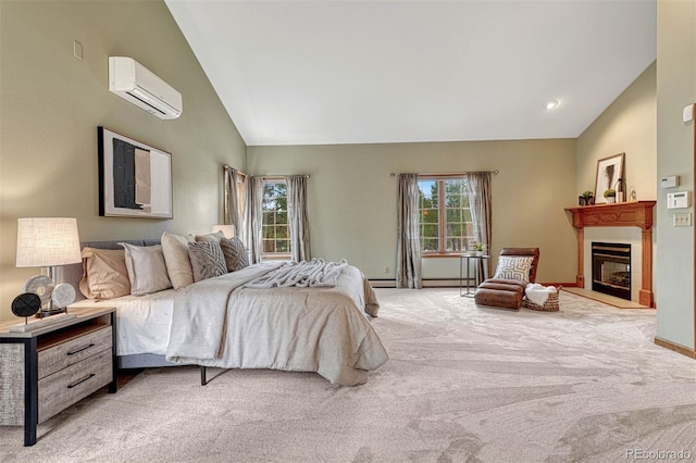 bedroom featuring a fireplace with raised hearth, baseboards, a wall unit AC, carpet floors, and high vaulted ceiling