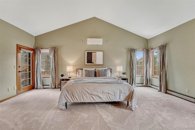 bedroom with light colored carpet, high vaulted ceiling, and a wall mounted AC