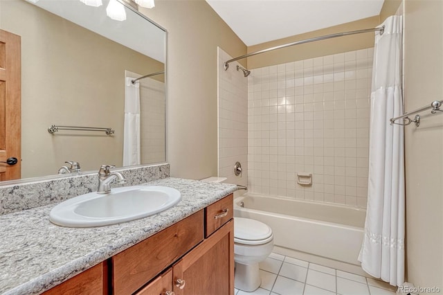 full bathroom with tile patterned flooring, toilet, vanity, and shower / tub combo with curtain