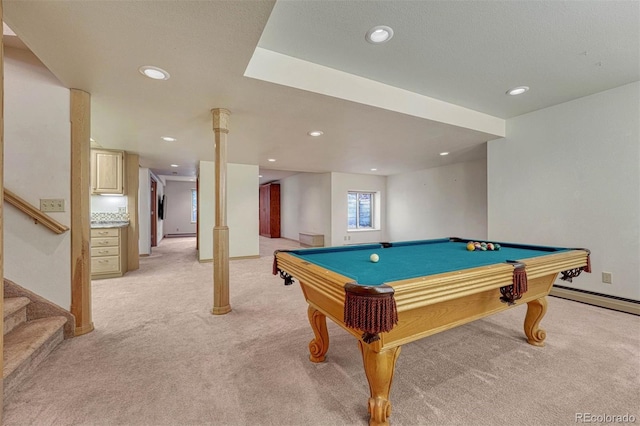 playroom featuring recessed lighting, light carpet, baseboard heating, and billiards