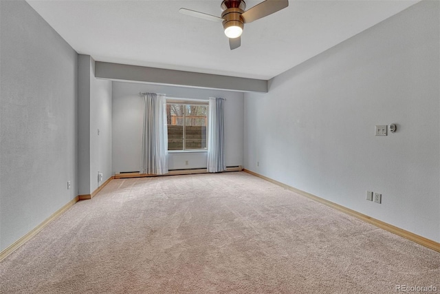 unfurnished room featuring baseboards, carpet floors, ceiling fan, and a baseboard heating unit