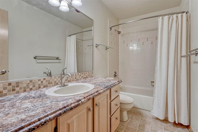 full bathroom with tasteful backsplash, toilet, vanity, and shower / bath combination with curtain