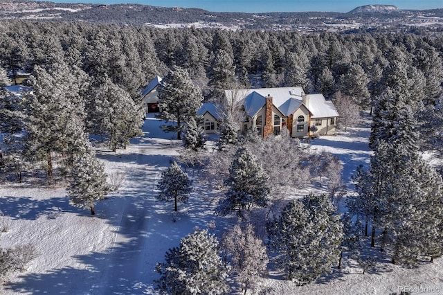 drone / aerial view with a mountain view and a view of trees