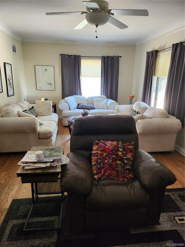 living room with ceiling fan and wood-type flooring