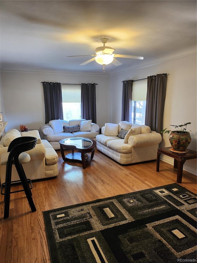 living room featuring ceiling fan and wood-type flooring