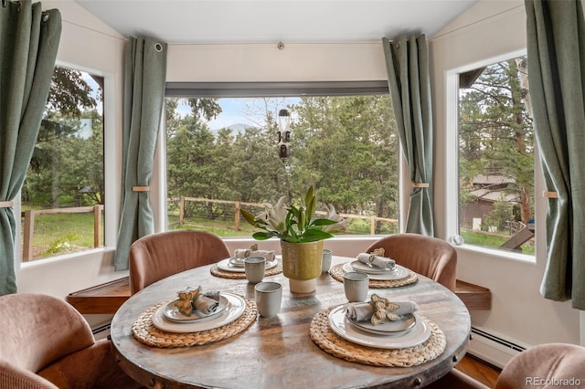 29663 Paint Brush Dr, Evergreen, CO 80439 - dining space featuring a baseboard heating unit and plenty of natural light
