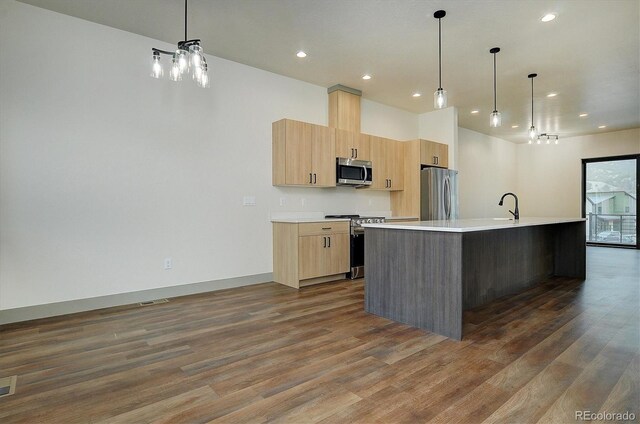 6450 Cleora Rd Unit C, Salida, CO 81201 - kitchen with stainless steel appliances, dark wood finished floors, light countertops, light brown cabinets, and recessed lighting