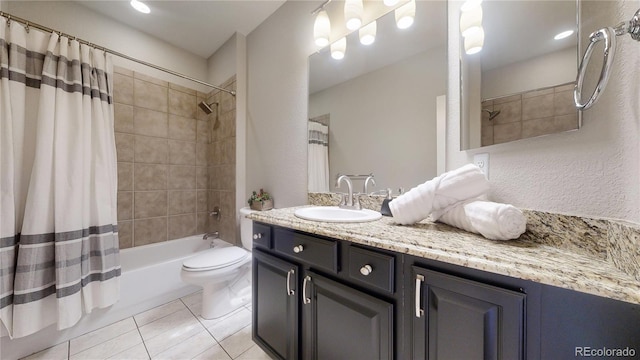 full bathroom with tile patterned flooring, vanity, shower / bathtub combination with curtain, and toilet