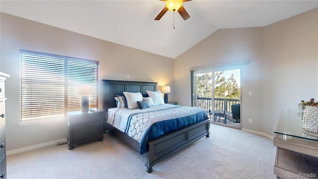 carpeted bedroom featuring lofted ceiling, access to exterior, and ceiling fan