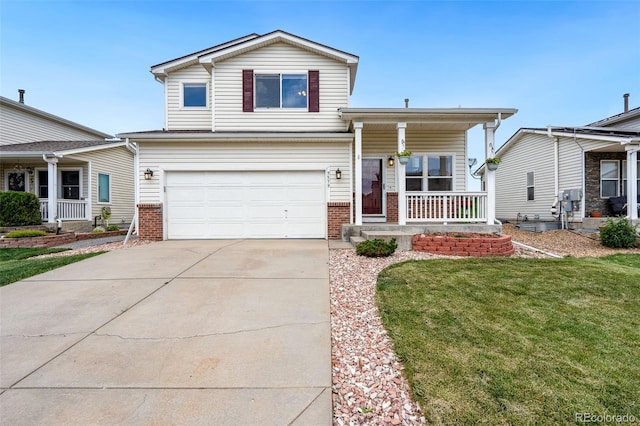 9579 Bighorn Way, Littleton, CO 80125 - split level home featuring covered porch, brick siding, a garage, a front yard, and concrete driveway