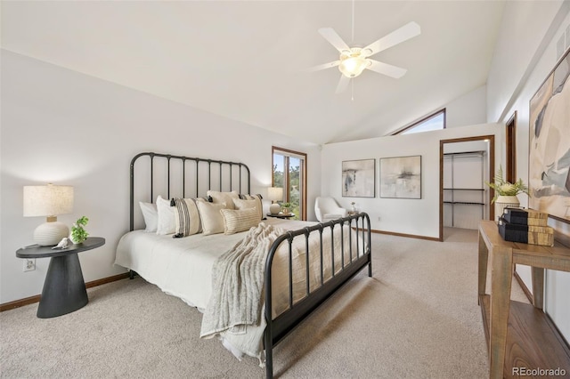 6207 Elbert Pl, Parker, CO 80134 - bedroom featuring light colored carpet, high vaulted ceiling, and ceiling fan