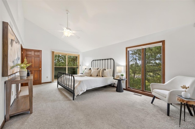 6207 Elbert Pl, Parker, CO 80134 - bedroom featuring light carpet, access to exterior, multiple windows, high vaulted ceiling, and a ceiling fan