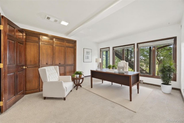 6207 Elbert Pl, Parker, CO 80134 - office area featuring light carpet and beam ceiling