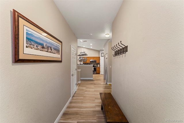 hall featuring light hardwood / wood-style floors and vaulted ceiling