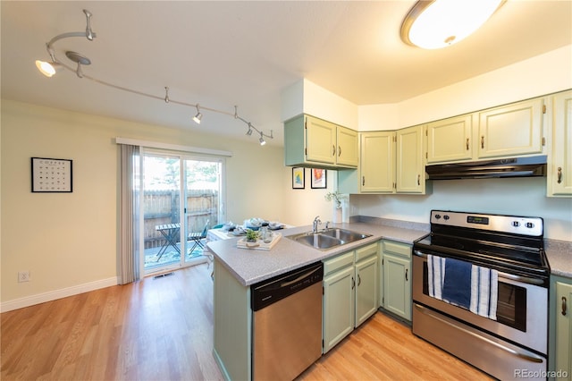 kitchen with kitchen peninsula, sink, rail lighting, appliances with stainless steel finishes, and light hardwood / wood-style floors