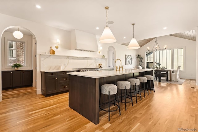 kitchen featuring pendant lighting, custom exhaust hood, lofted ceiling, light hardwood / wood-style flooring, and a large island