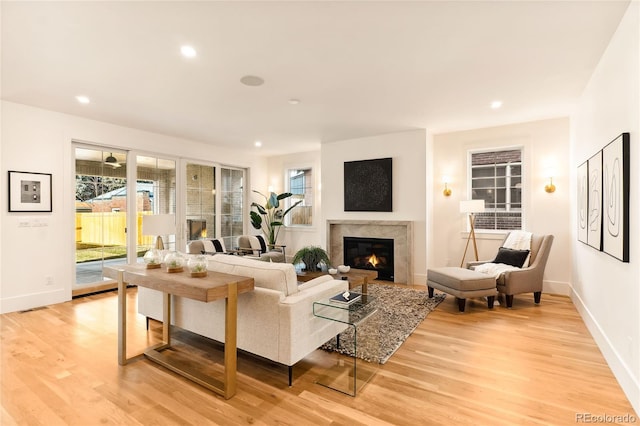 living room with light hardwood / wood-style floors and a fireplace