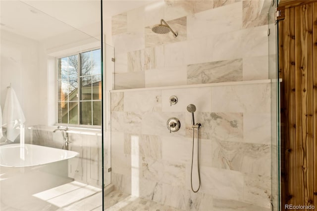 bathroom with shower with separate bathtub