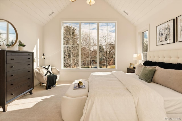 bedroom with light carpet, wooden ceiling, and lofted ceiling