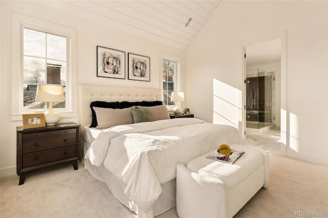 bedroom featuring wooden ceiling, light colored carpet, and vaulted ceiling