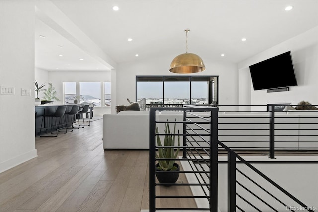 living room with lofted ceiling and wood-type flooring