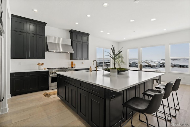 kitchen with sink, a spacious island, high end stainless steel range, wall chimney exhaust hood, and light wood-type flooring