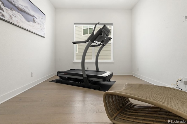 workout room with light hardwood / wood-style flooring