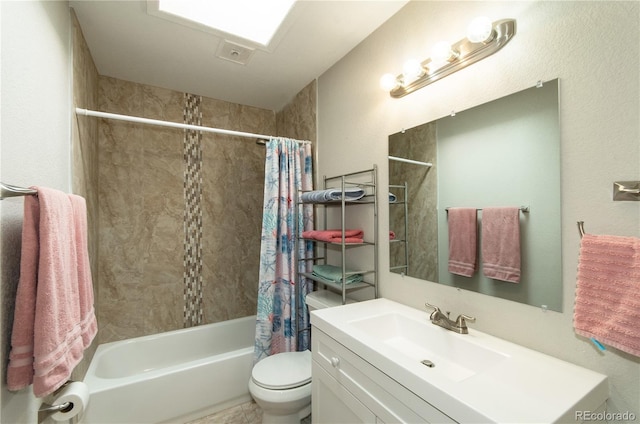 full bathroom featuring vanity, shower / bath combination with curtain, and toilet